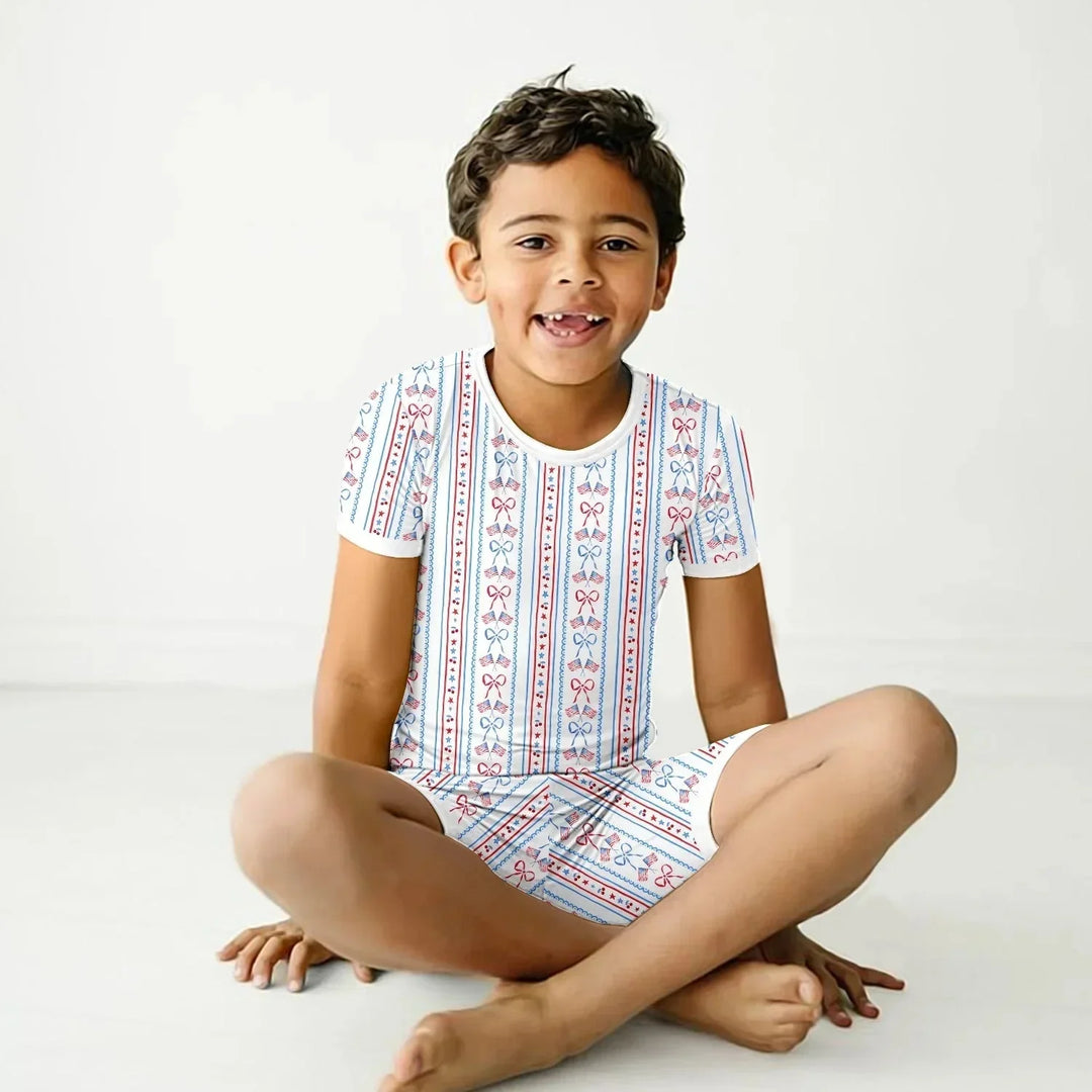 Bow and Flag Two Piece Short Sleeve Shorts Pajama Set , Bow and Flag Two Piece Short Sleeve Shorts Pajama Set - 12-18M