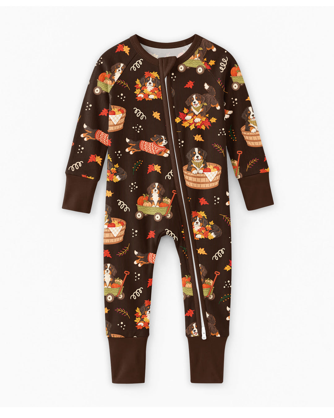 Fall Dogs Playing in Leaves Bamboo Two Piece Long Sleeve Pajama Set