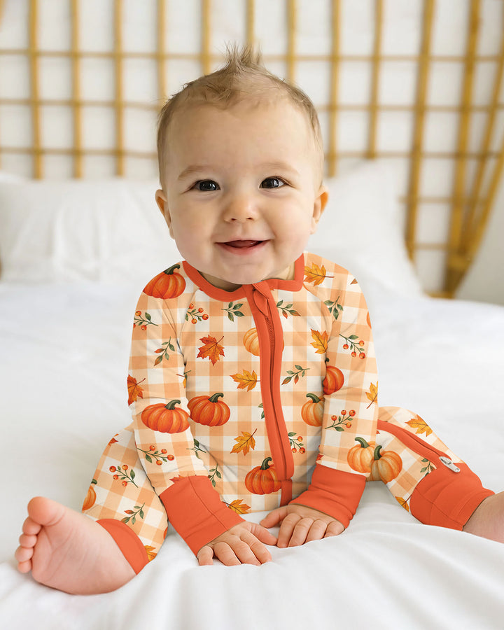 Cute Fall Pumpkin Leaves Gingham Bamboo Convertible Zippy