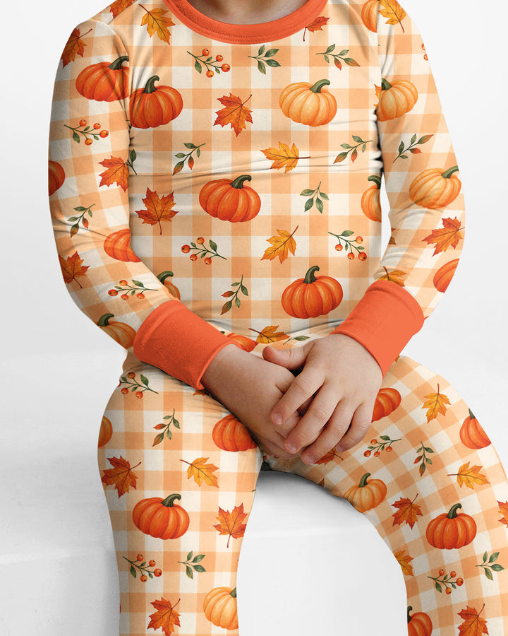 Cute Fall Pumpkin Leaves Gingham Bamboo Two Piece Long Sleeve Pajama Set