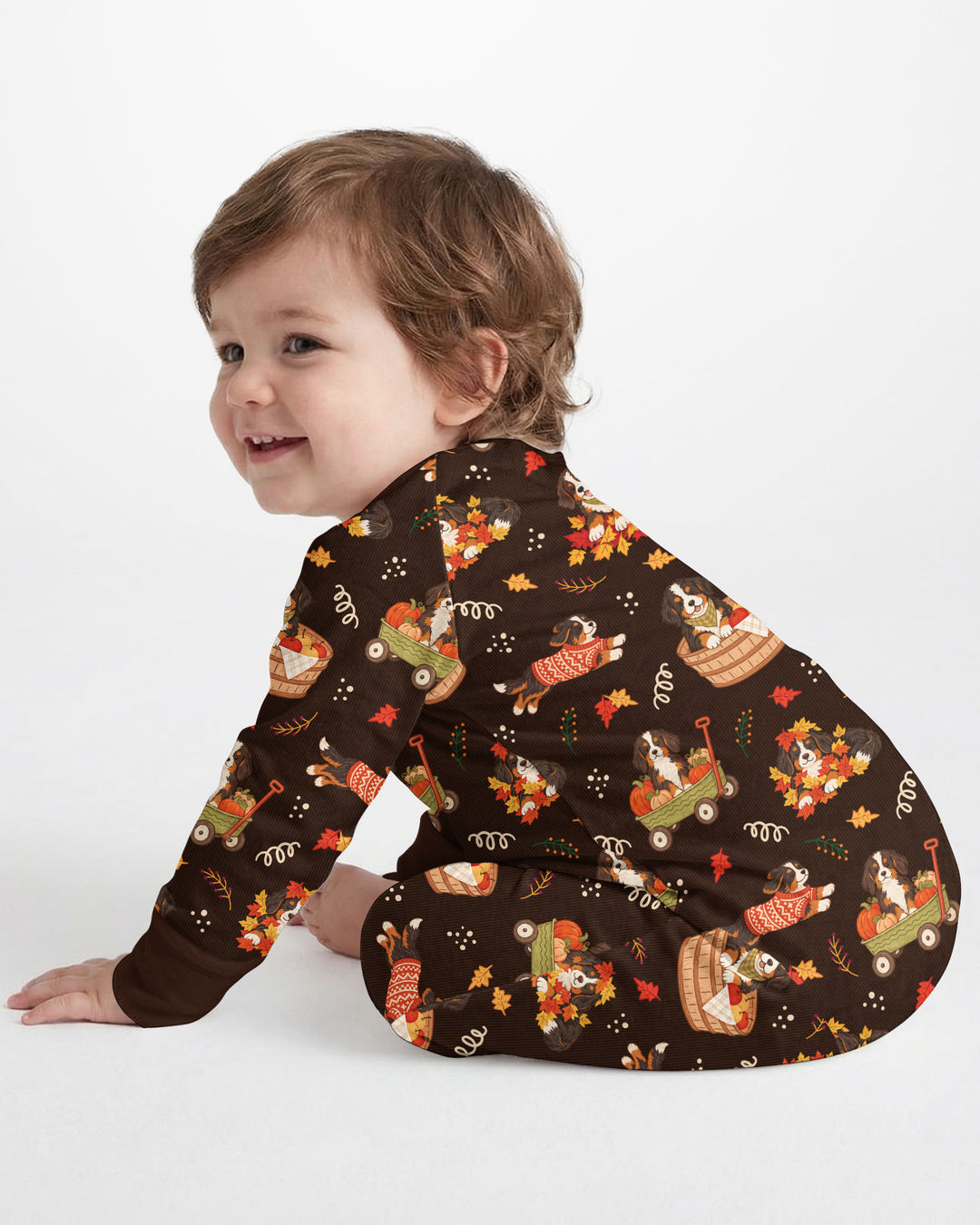 Fall Dogs Playing in Leaves Bamboo Two Piece Long Sleeve Pajama Set