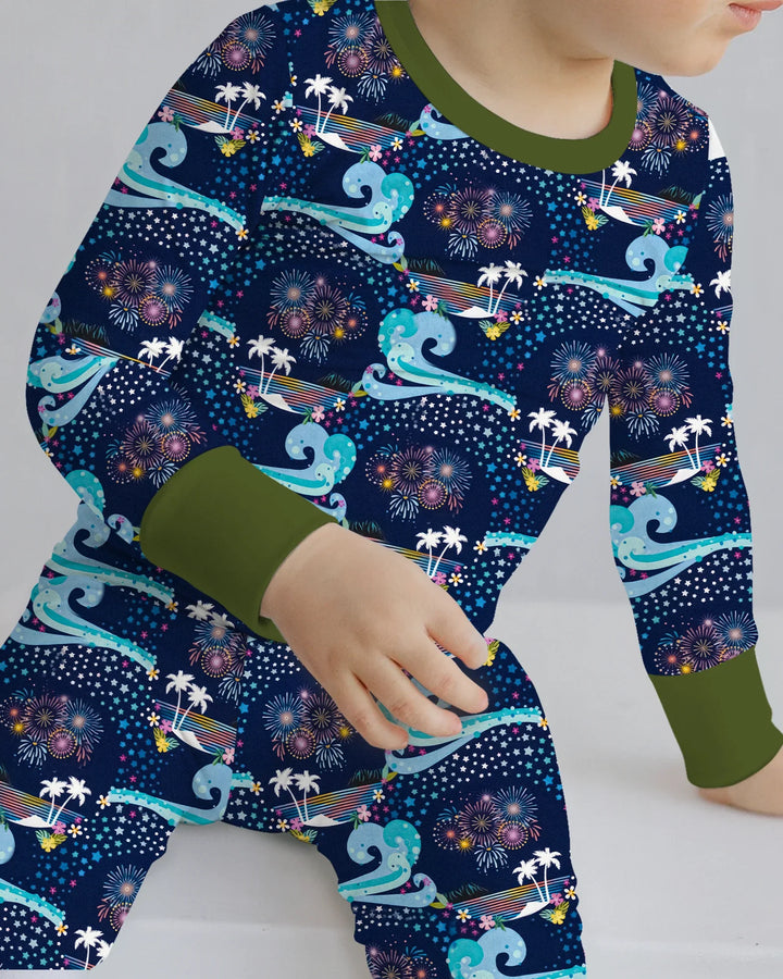 Starlit Surf Celebration Bamboo Two Piece Long Sleeve Pajama Set