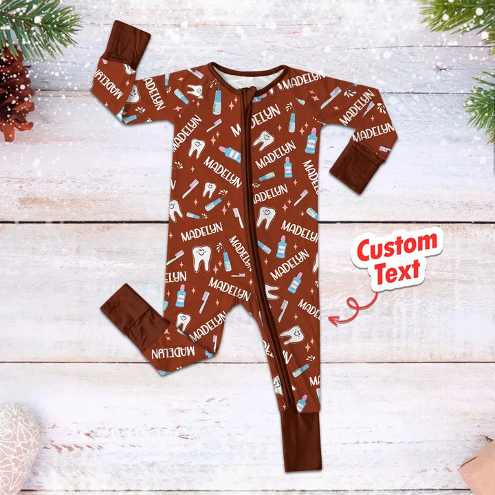 Brushing Teeth Custom Name Convertible Zippered Romper , Brushing Teeth Custom Name Convertible Zippered Romper - Newborn