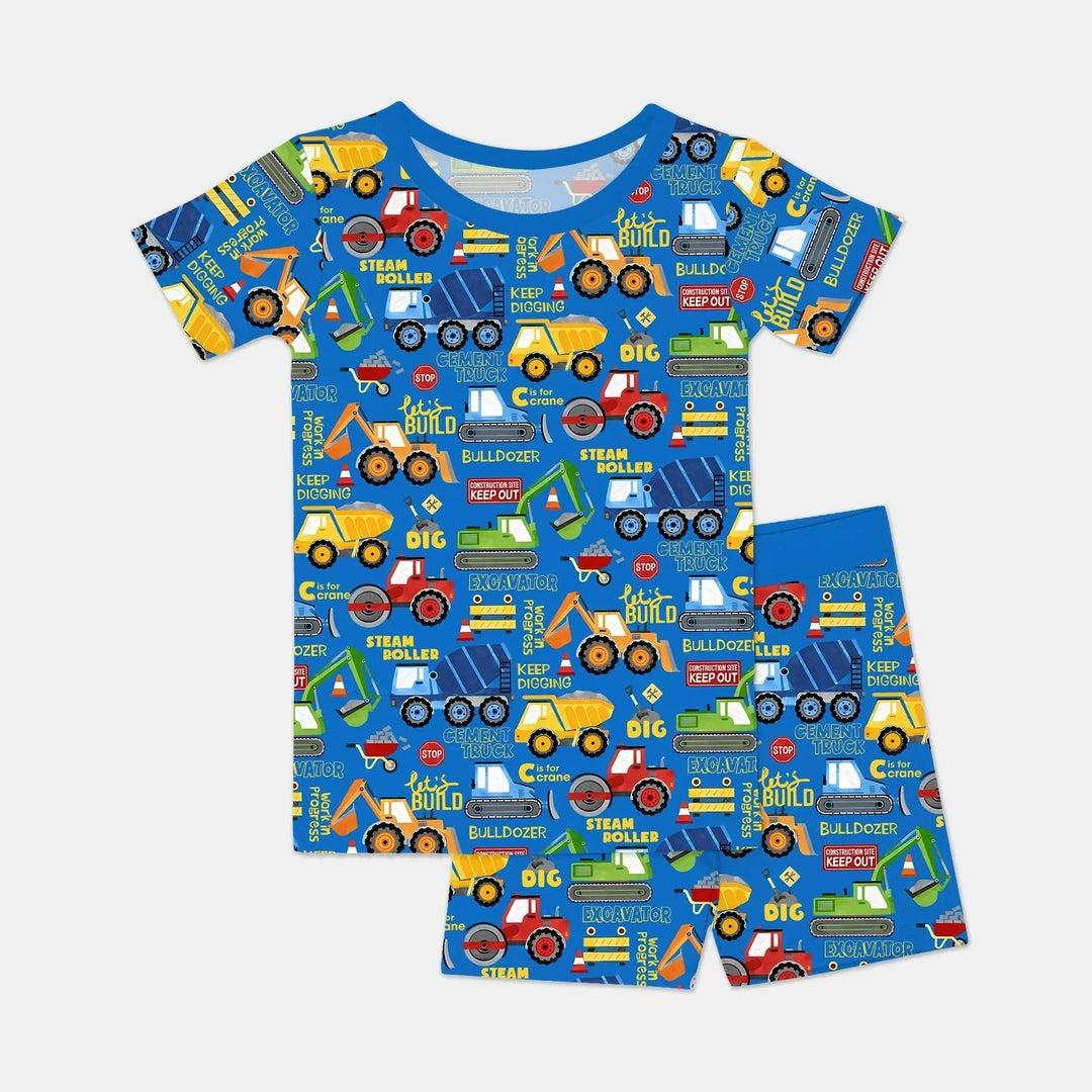 Build Your Own World Two Piece Short Sleeve Shorts Pajama Set , Build Your Own World Two Piece Short Sleeve Shorts Pajama Set - 12-18M / Blue / Yellow