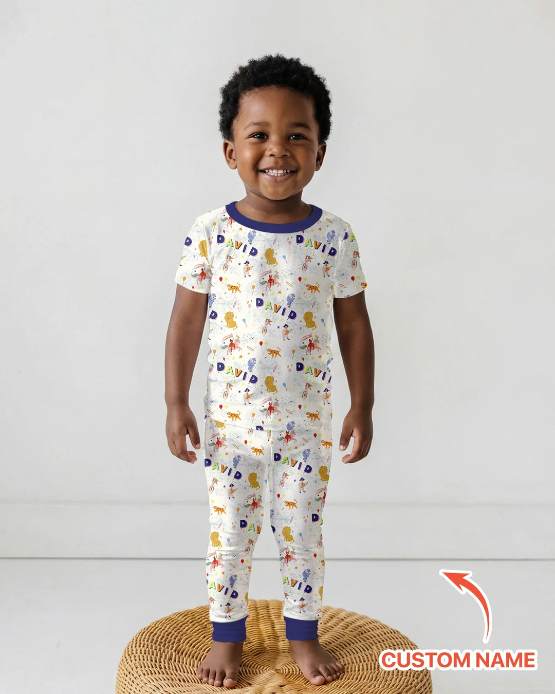 Custom Name Circus Toile Bamboo Two Piece Short Sleeve Pajama Set