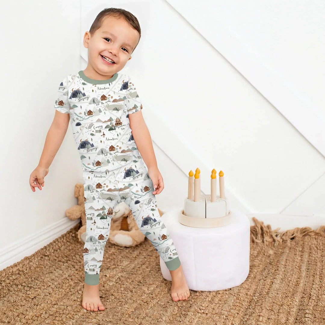 Camping Route Map Two Piece Short Sleeve Pajama Set , Camping Route Map Two Piece Short Sleeve Pajama Set - 12-18M