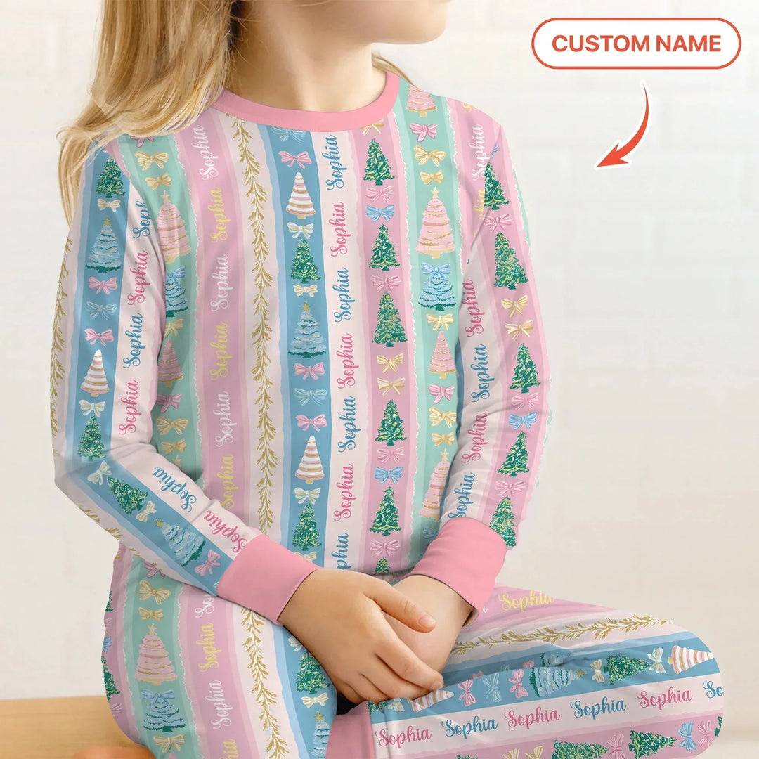 Candy Ribbon Christmas Custom Name Two Piece Long Sleeve Pajama Set , Candy Ribbon Christmas Custom Name Two Piece Long Sleeve Pajama Set - 12-18M