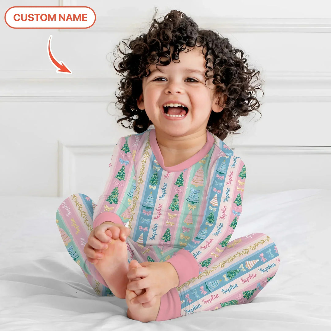Candy Ribbon Christmas Custom Name Two Piece Long Sleeve Pajama Set , Candy Ribbon Christmas Custom Name Two Piece Long Sleeve Pajama Set - 12-18M