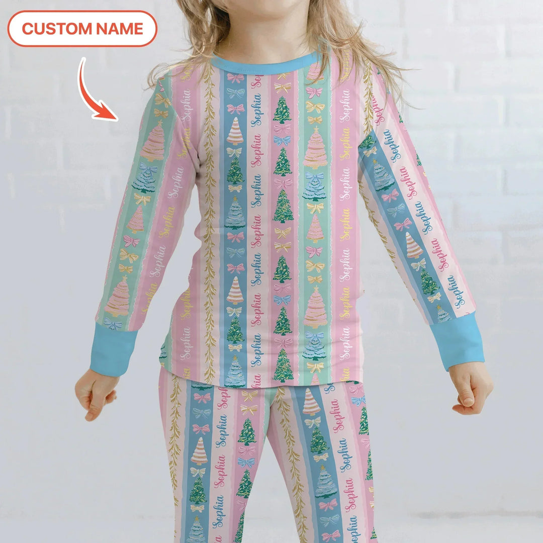 Candy Ribbon Christmas Custom Name Two Piece Long Sleeve Pajama Set , Candy Ribbon Christmas Custom Name Two Piece Long Sleeve Pajama Set - 12-18M