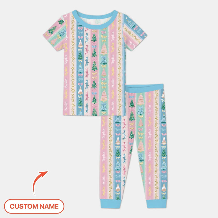 Candy Ribbon Christmas Custom Name Two Piece Short Sleeve Pajama Set , Candy Ribbon Christmas Custom Name Two Piece Short Sleeve Pajama Set - 12-18M