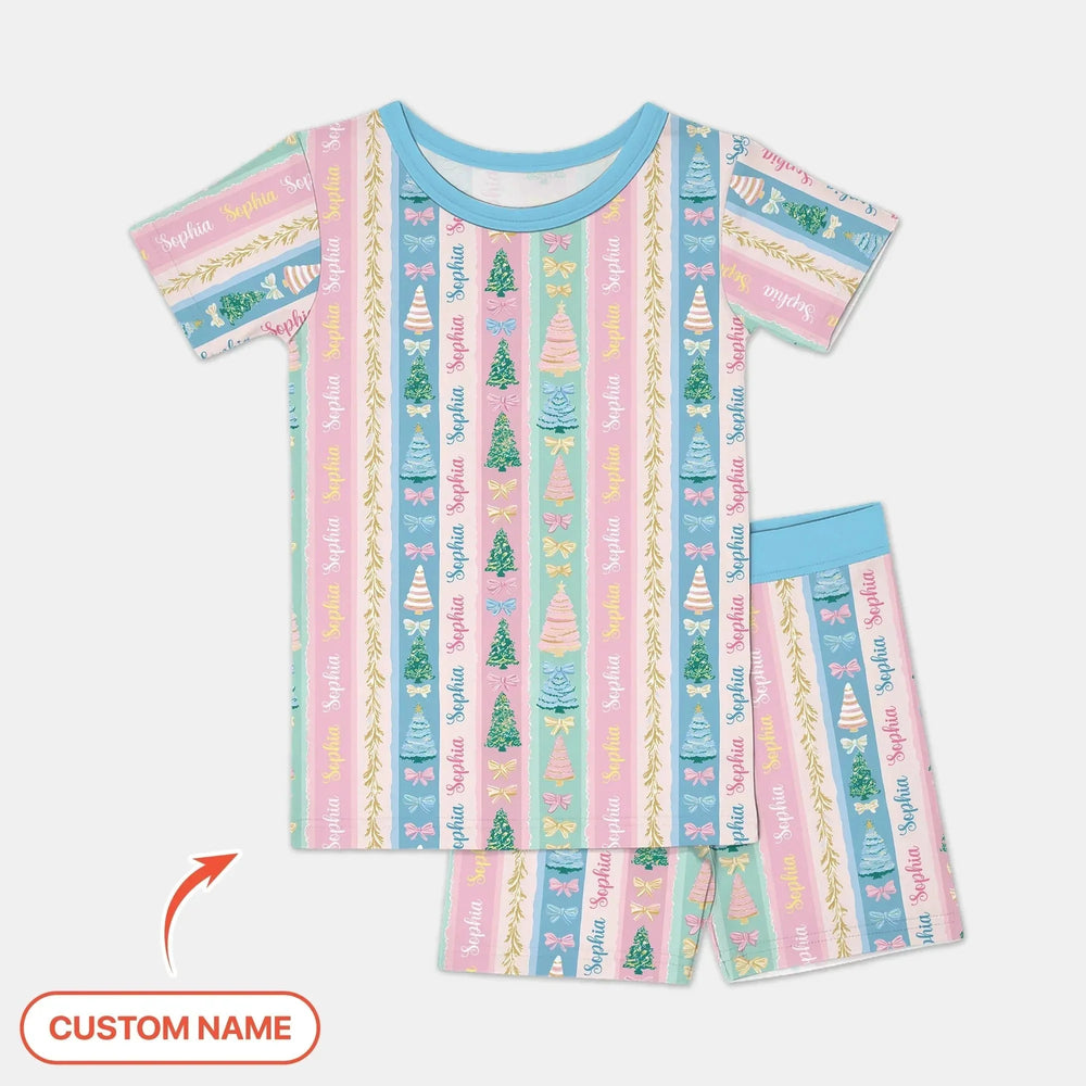 Candy Ribbon Christmas Custom Name Two Piece Short Sleeve Shorts Pajama Set , Candy Ribbon Christmas Custom Name Two Piece Short Sleeve Shorts Pajama Set - 12-18M