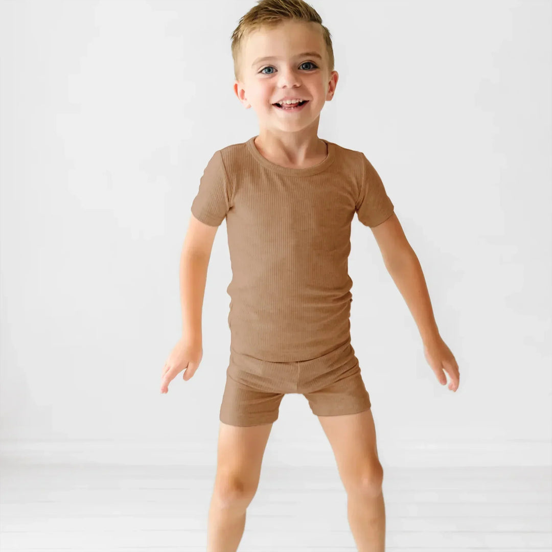 Caramel Ribbed Two Piece Short Sleeve Shorts Pajama Set , Caramel Ribbed Two Piece Short Sleeve Shorts Pajama Set - 12-18M