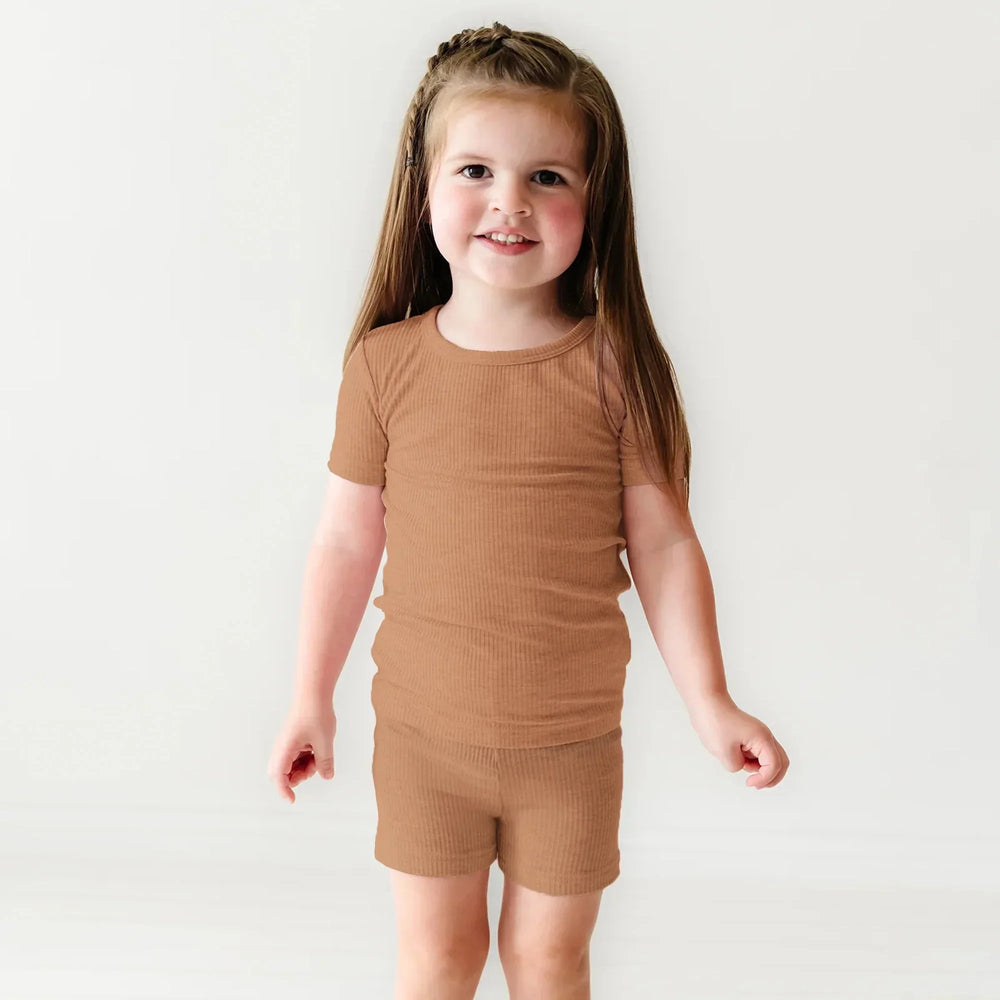 Caramel Ribbed Two Piece Short Sleeve Shorts Pajama Set , Caramel Ribbed Two Piece Short Sleeve Shorts Pajama Set - 12-18M