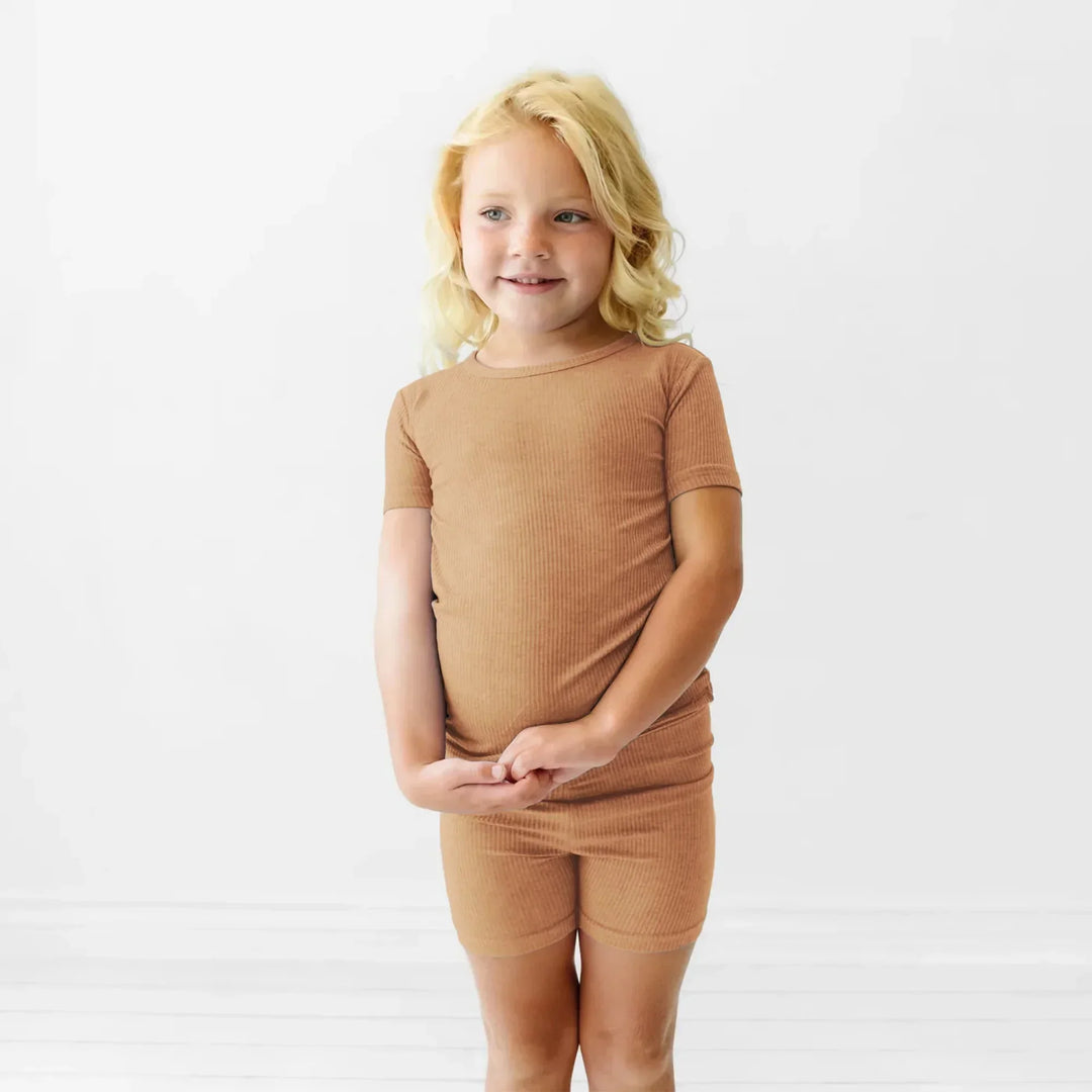 Caramel Ribbed Two Piece Short Sleeve Shorts Pajama Set , Caramel Ribbed Two Piece Short Sleeve Shorts Pajama Set - 12-18M