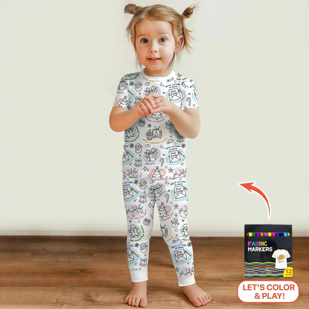 Christmas Activities Colorable Two Piece Short Sleeve Pajama Set , Christmas Activities Colorable Two Piece Short Sleeve Pajama Set - 12-18M