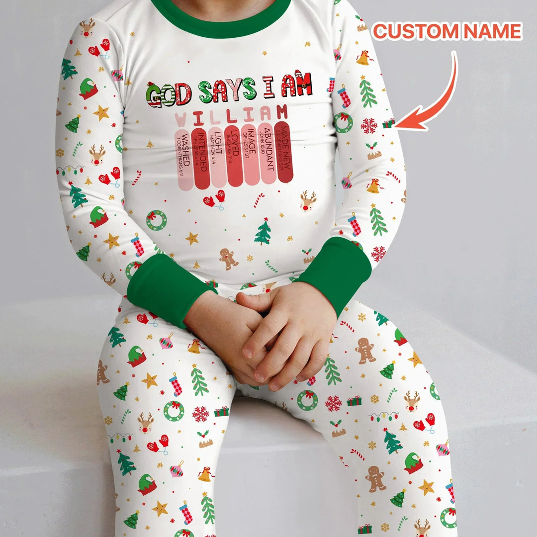 Christmas Blessings God Says I Am Custom Name Two Piece Long Sleeve Pajama Set , Christmas Blessings God Says I Am Custom Name Two Piece Long Sleeve Pajama Set - 12-18M
