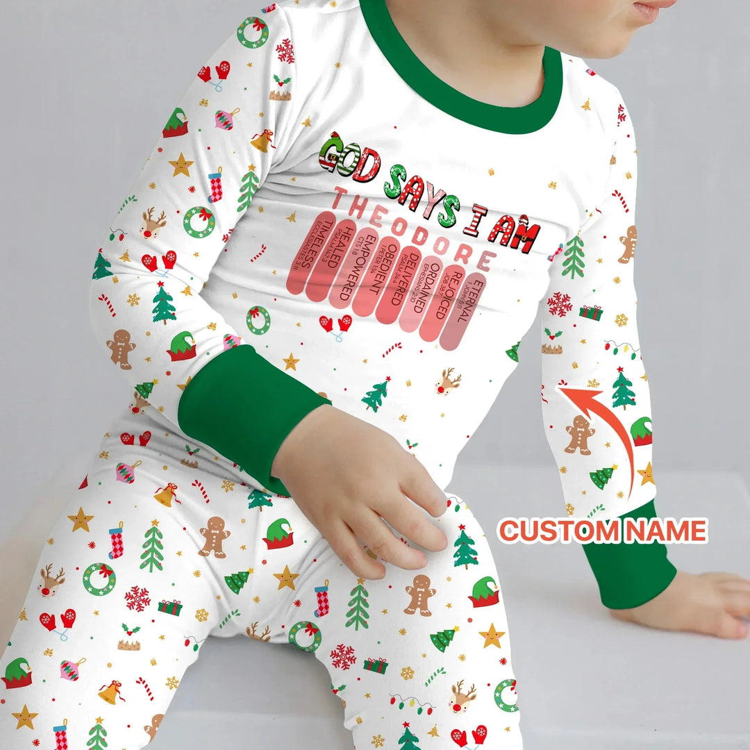 Christmas Blessings God Says I Am Custom Name Two Piece Long Sleeve Pajama Set , Christmas Blessings God Says I Am Custom Name Two Piece Long Sleeve Pajama Set - 12-18M
