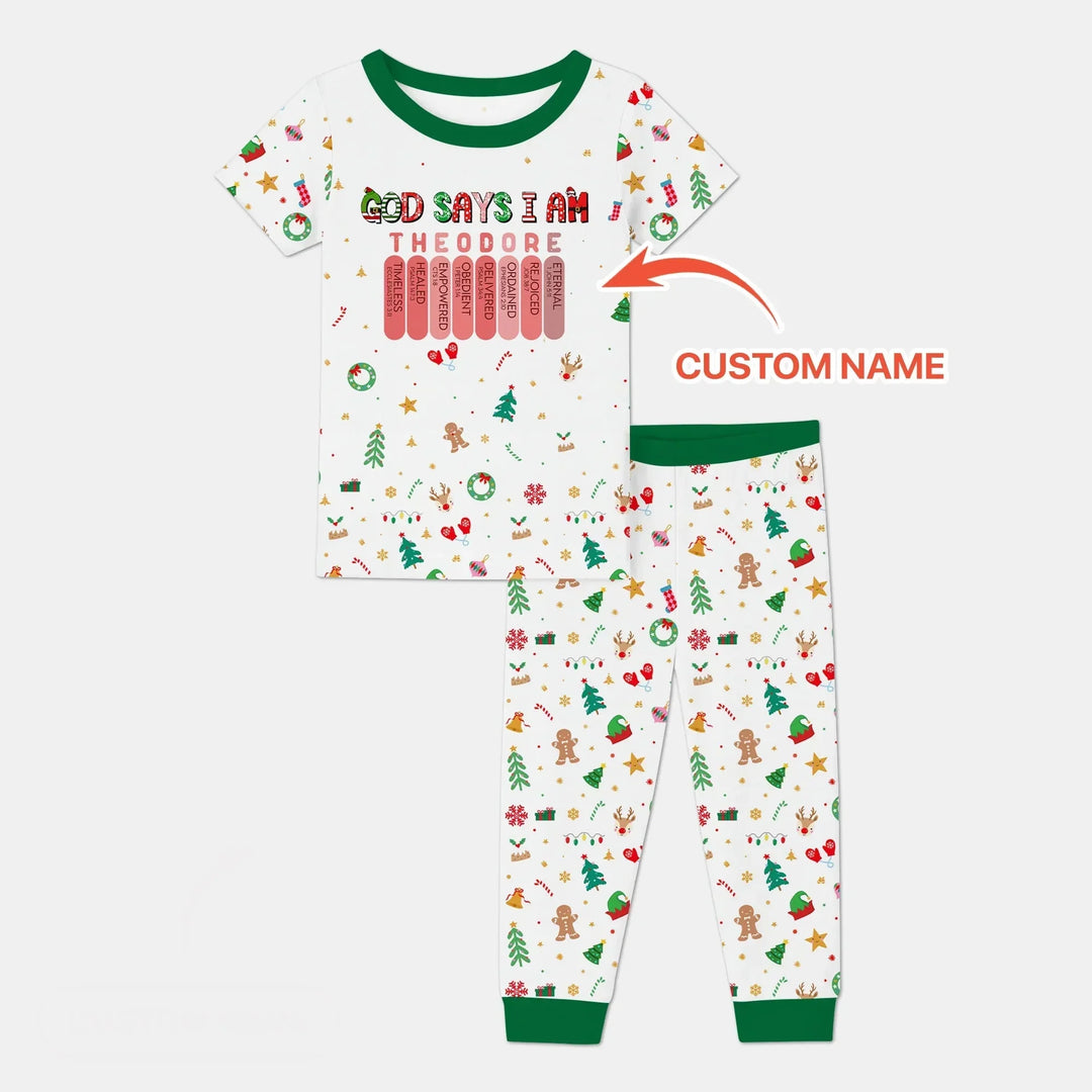 Christmas Blessings God Says I Am Custom Name Two Piece Short Sleeve Pajama Set , Christmas Blessings God Says I Am Custom Name Two Piece Short Sleeve Pajama Set - 12-18M