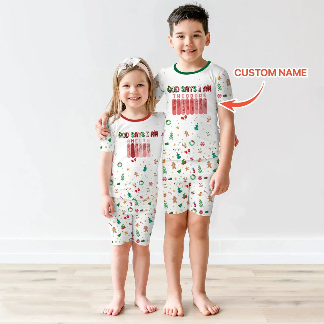 Christmas Blessings God Says I Am Custom Name Two Piece Short Sleeve Shorts Pajama Set , Christmas Blessings God Says I Am Custom Name Two Piece Short Sleeve Shorts Pajama Set - 12-18M