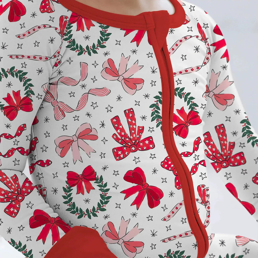 Christmas Bows Convertible Zippered Romper , Christmas Bows Convertible Zippered Romper - Newborn