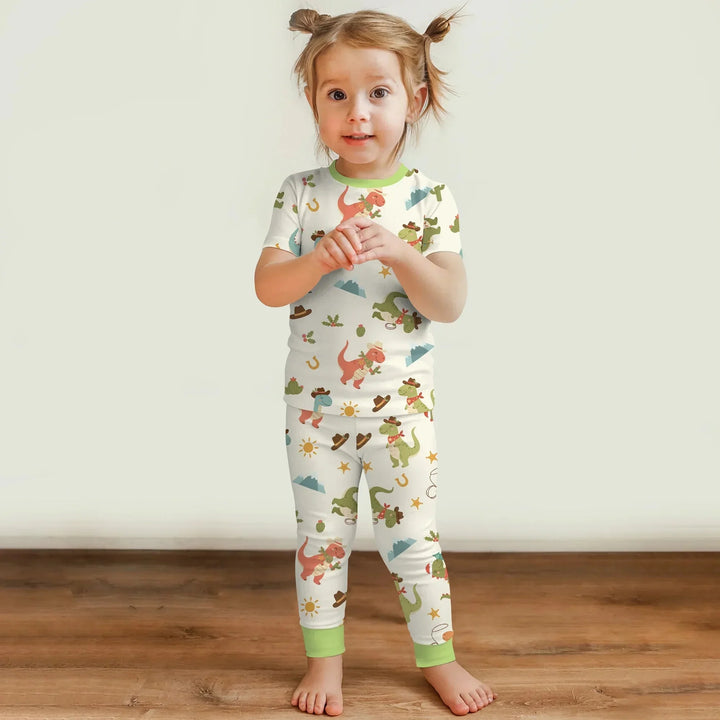Christmas Cowboy Dinosaur Two Piece Short Sleeve Pajama Set , Christmas Cowboy Dinosaur Two Piece Short Sleeve Pajama Set - 12-18M