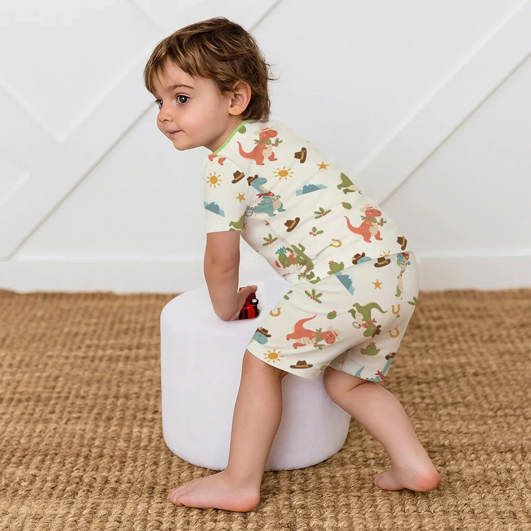 Christmas Cowboy Dinosaur Two Piece Short Sleeve Shorts Pajama Set , Christmas Cowboy Dinosaur Two Piece Short Sleeve Shorts Pajama Set - 12-18M