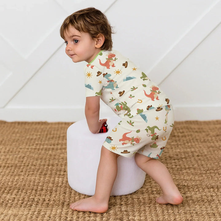 Christmas Cowboy Dinosaur Two Piece Short Sleeve Shorts Pajama Set , Christmas Cowboy Dinosaur Two Piece Short Sleeve Shorts Pajama Set - 12-18M