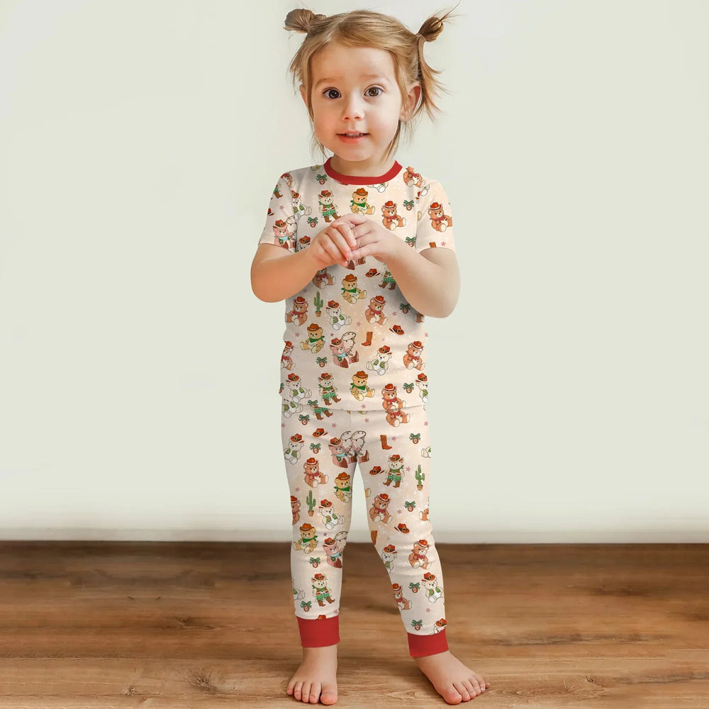Christmas Cowboy Teddy Two Piece Short Sleeve Pajama Set , Christmas Cowboy Teddy Two Piece Short Sleeve Pajama Set - 12-18M