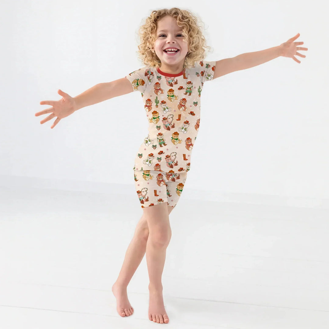 Christmas Cowboy Teddy Two Piece Short Sleeve Shorts Pajama Set , Christmas Cowboy Teddy Two Piece Short Sleeve Shorts Pajama Set - 12-18M