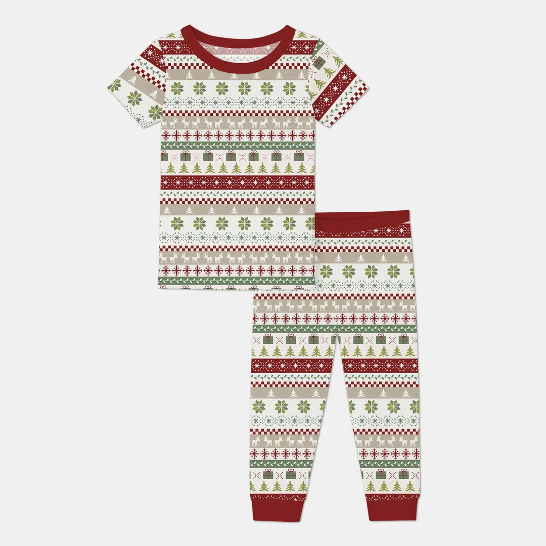 Christmas Fair Isle Red and Green Two Piece Short Sleeve Pajama Set , Christmas Fair Isle Red and Green Two Piece Short Sleeve Pajama Set - 12-18M