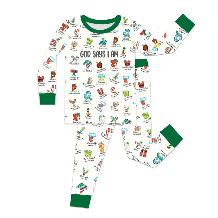 Christmas God Say I Am Alphabet Long Sleeve Pajama Set , Christmas God Say I Am Alphabet Long Sleeve Pajama Set - 12-18M / Red / Girl
