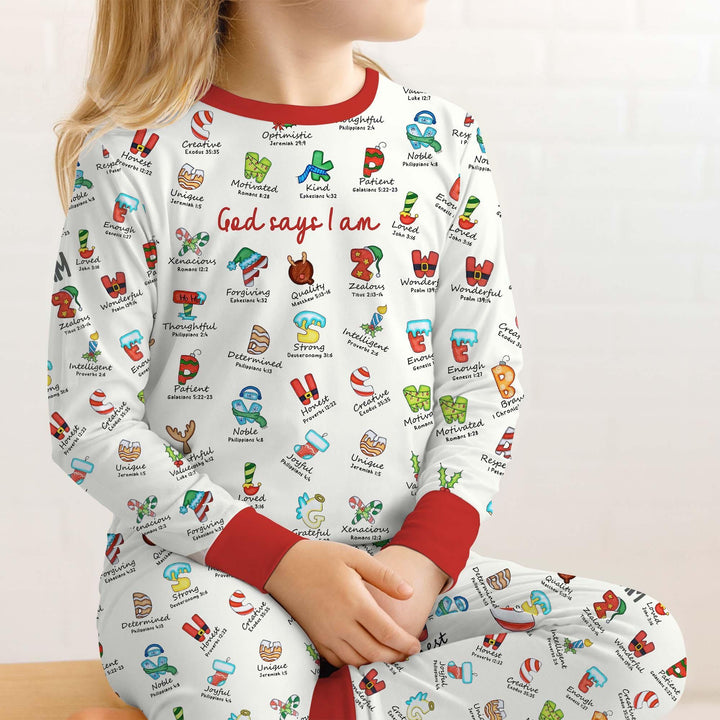 Christmas God Say I Am Alphabet Long Sleeve Pajama Set , Christmas God Say I Am Alphabet Long Sleeve Pajama Set - 12-18M / Red / Girl