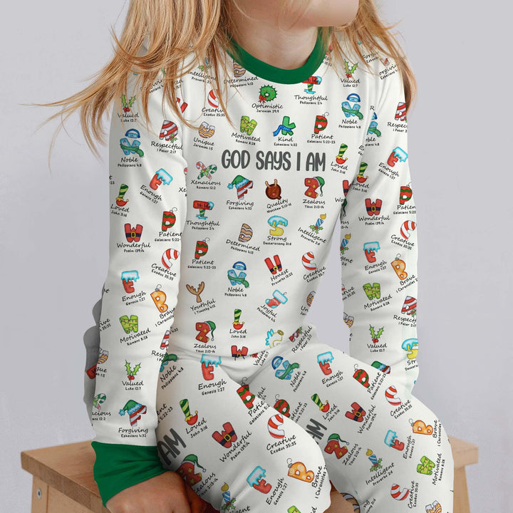 Christmas God Say I Am Alphabet Long Sleeve Pajama Set , Christmas God Say I Am Alphabet Long Sleeve Pajama Set - 12-18M / Red / Girl