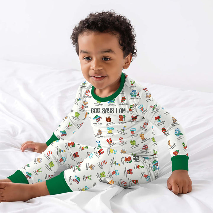 Christmas God Say I Am Alphabet Long Sleeve Pajama Set , Christmas God Say I Am Alphabet Long Sleeve Pajama Set - 12-18M / Green / Boy