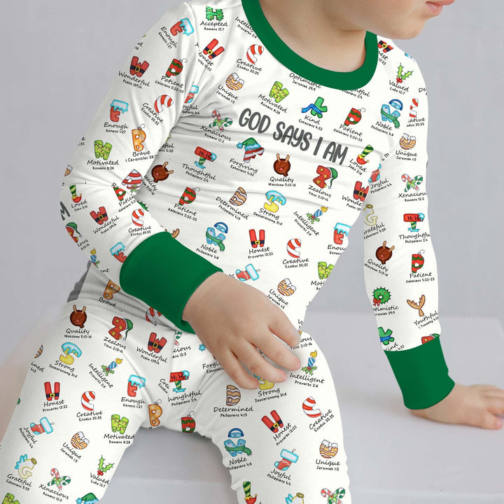 Christmas God Say I Am Alphabet Long Sleeve Pajama Set , Christmas God Say I Am Alphabet Long Sleeve Pajama Set - 12-18M / Red / Girl