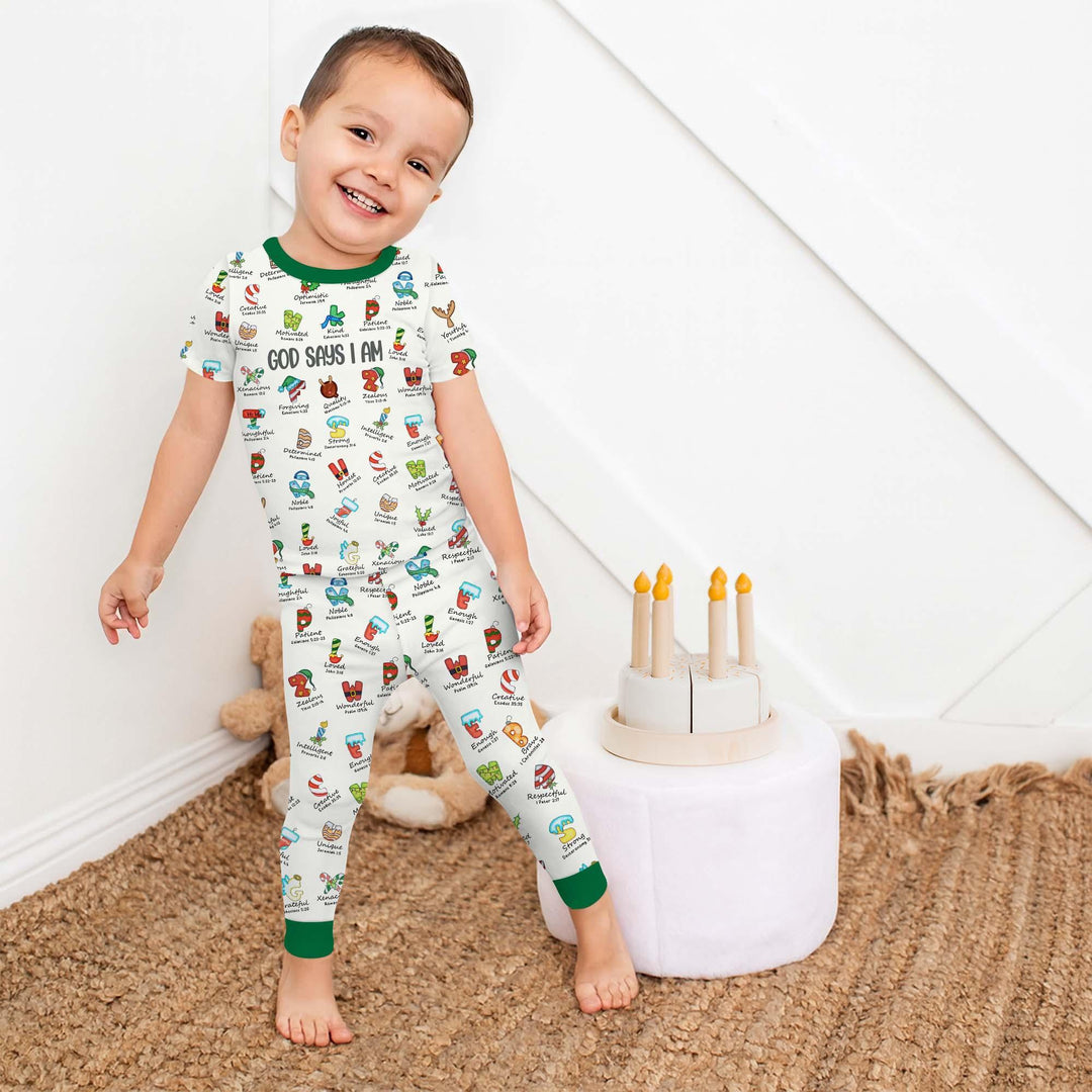 Christmas God Say I Am Alphabet Short Sleeve Pajama Set , Christmas God Say I Am Alphabet Short Sleeve Pajama Set - 12-18M / Green / Boy