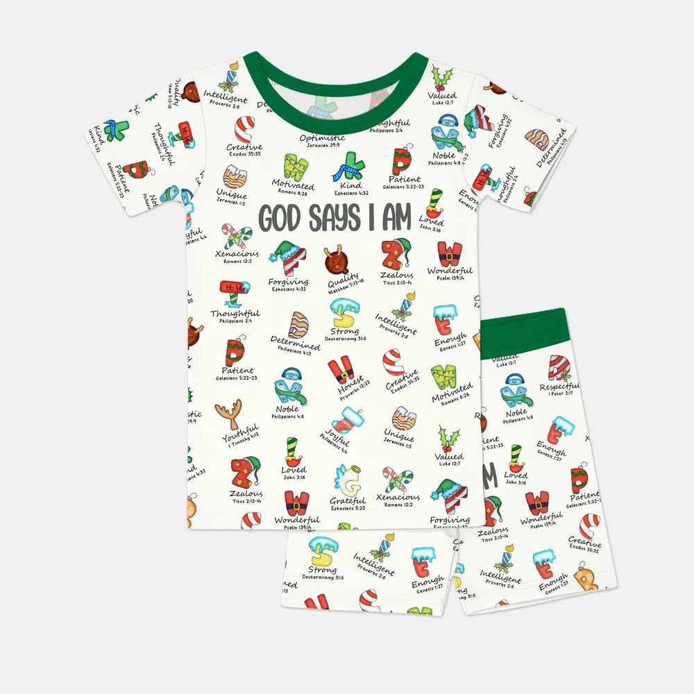 Christmas God Say I Am Alphabet Two Piece Short Sleeve Pajama Set , Christmas God Say I Am Alphabet Two Piece Short Sleeve Pajama Set - 12-18M / Red / Girl