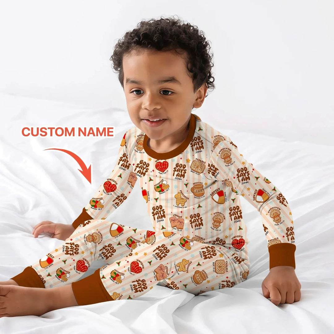 Christmas Mexican Cookies Custom Name For Boys Two Piece Long Sleeve Pajama Set , Christmas Mexican Cookies Custom Name For Boys Two Piece Long Sleeve Pajama Set - 12-18M