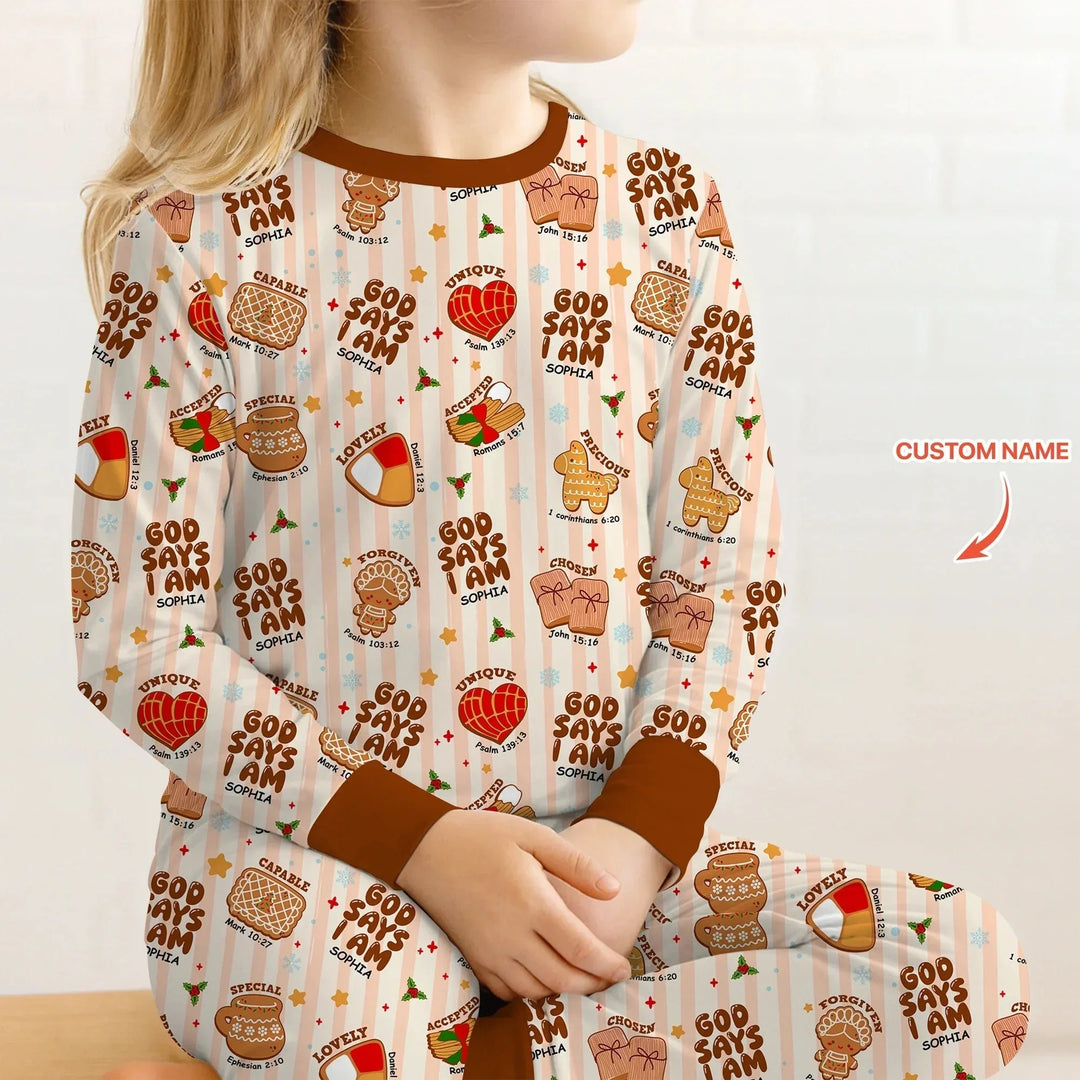 Christmas Mexican Cookies Custom Name For Girls Two Piece Long Sleeve Pajama Set , Christmas Mexican Cookies Custom Name For Girls Two Piece Long Sleeve Pajama Set - 12-18M