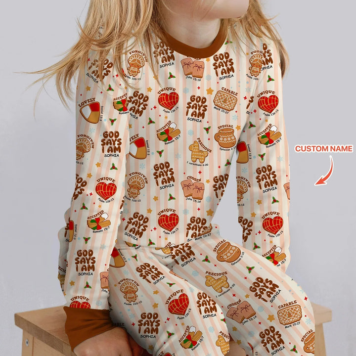 Christmas Mexican Cookies Custom Name For Girls Two Piece Long Sleeve Pajama Set , Christmas Mexican Cookies Custom Name For Girls Two Piece Long Sleeve Pajama Set - 12-18M