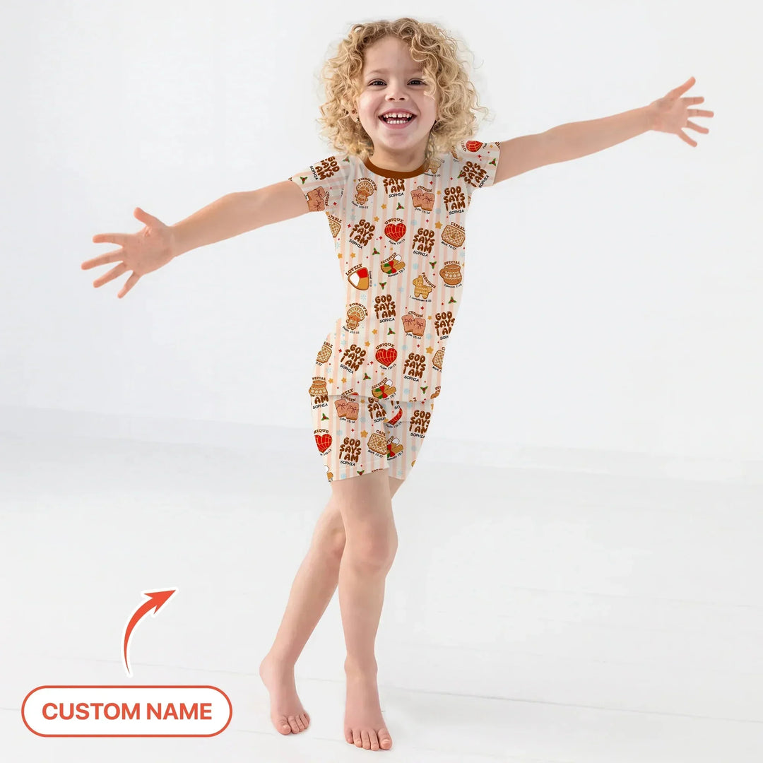 Christmas Mexican Cookies Custom Name For Girls Two Piece Short Sleeve Shorts Pajama Set , Christmas Mexican Cookies Custom Name For Girls Two Piece Short Sleeve Shorts Pajama Set - 12-18M