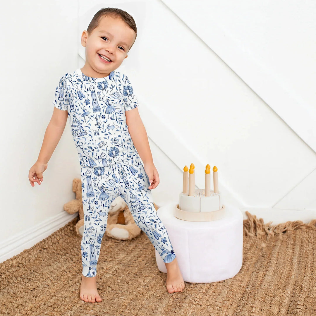 Christmas Nutcracker Toile Two Piece Short Sleeve Pajama Set , Christmas Nutcracker Toile Two Piece Short Sleeve Pajama Set - 12-18M / Blue