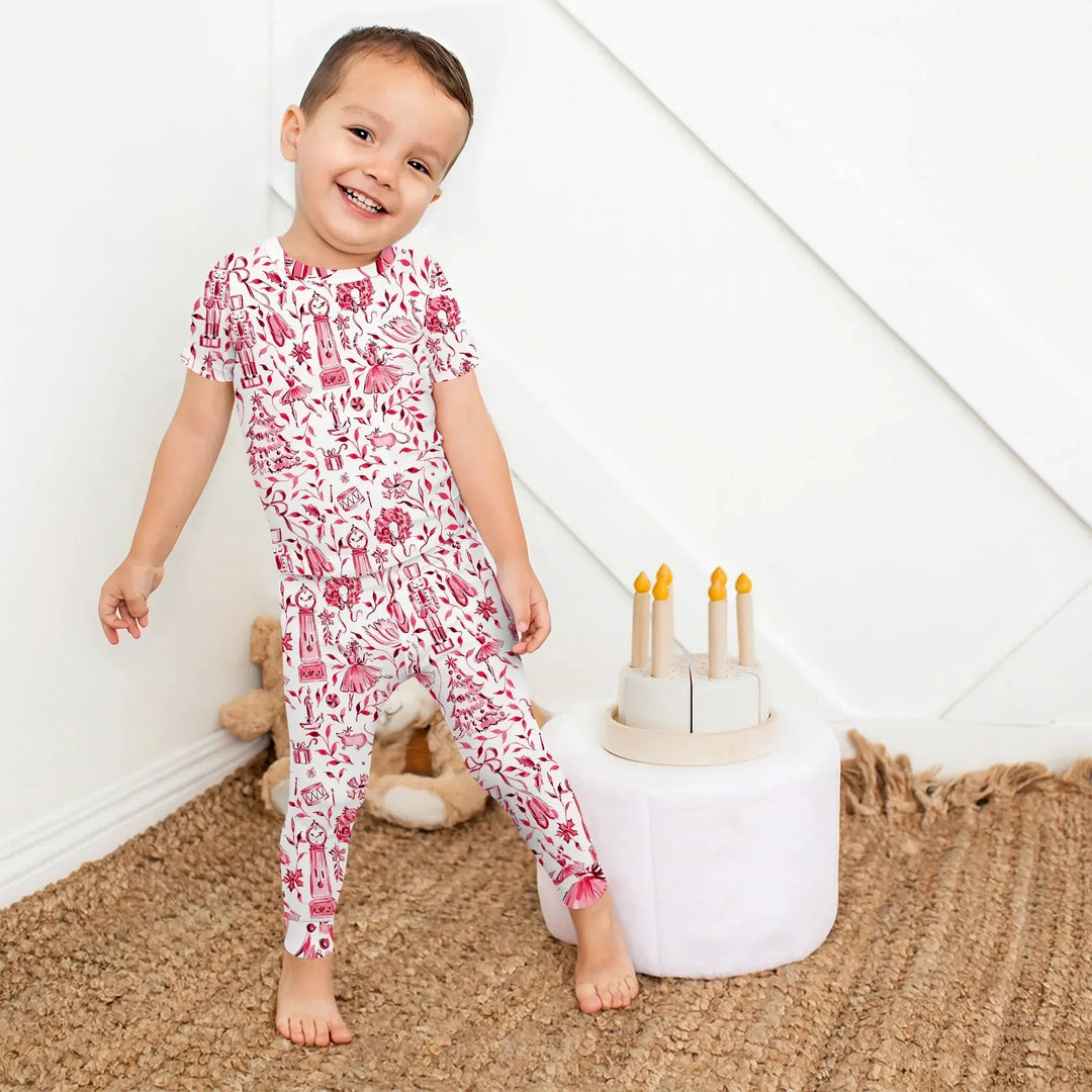 Christmas Nutcracker Toile Two Piece Short Sleeve Pajama Set , Christmas Nutcracker Toile Two Piece Short Sleeve Pajama Set - 12-18M / Blue
