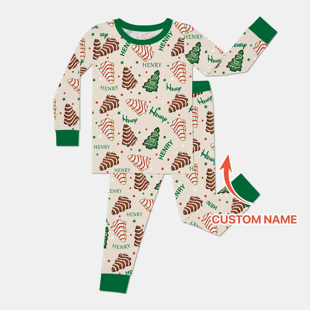 Christmas Tree Cake Custom Name Two Piece Long Sleeve Pajama Set , Christmas Tree Cake Custom Name Two Piece Long Sleeve Pajama Set - 12-18M