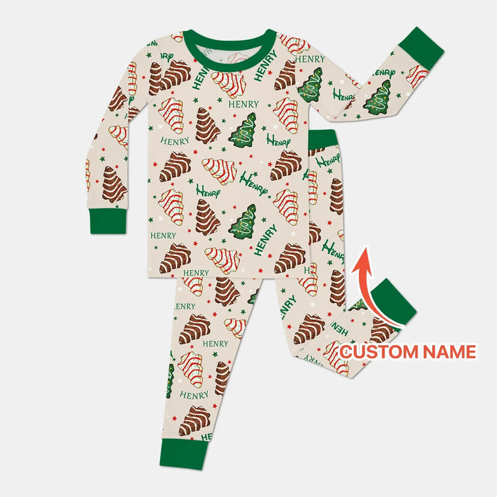 Christmas Tree Cake Custom Name Two Piece Long Sleeve Pajama Set , Christmas Tree Cake Custom Name Two Piece Long Sleeve Pajama Set - 12-18M