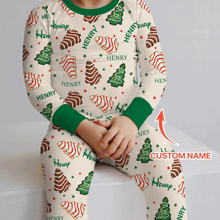 Christmas Tree Cake Custom Name Two Piece Long Sleeve Pajama Set , Christmas Tree Cake Custom Name Two Piece Long Sleeve Pajama Set - 12-18M