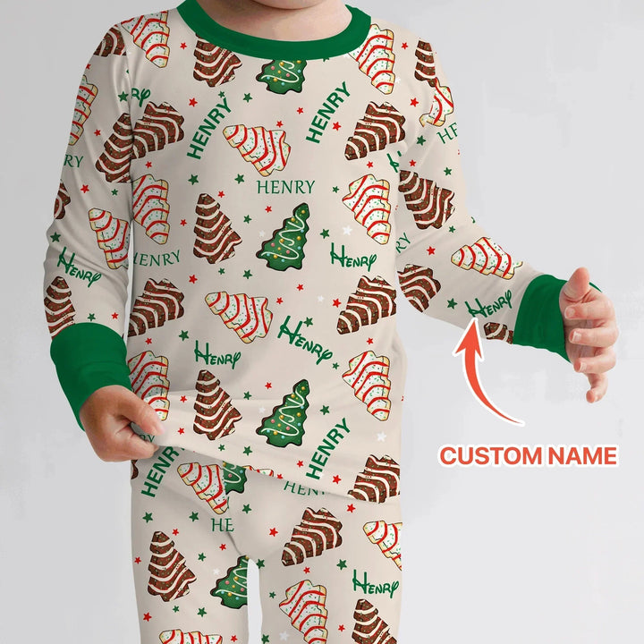 Christmas Tree Cake Custom Name Two Piece Long Sleeve Pajama Set , Christmas Tree Cake Custom Name Two Piece Long Sleeve Pajama Set - 12-18M