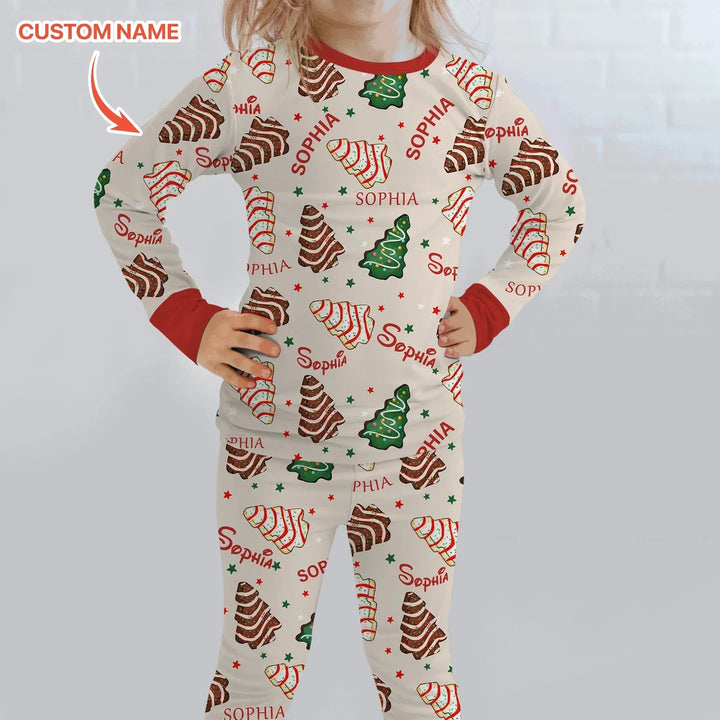 Christmas Tree Cake Custom Name Two Piece Long Sleeve Pajama Set , Christmas Tree Cake Custom Name Two Piece Long Sleeve Pajama Set - 12-18M