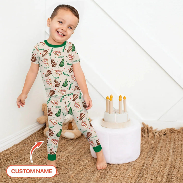 Christmas Tree Cake Custom Name Two Piece Short Sleeve Pajama Set , Christmas Tree Cake Custom Name Two Piece Short Sleeve Pajama Set - 12-18M