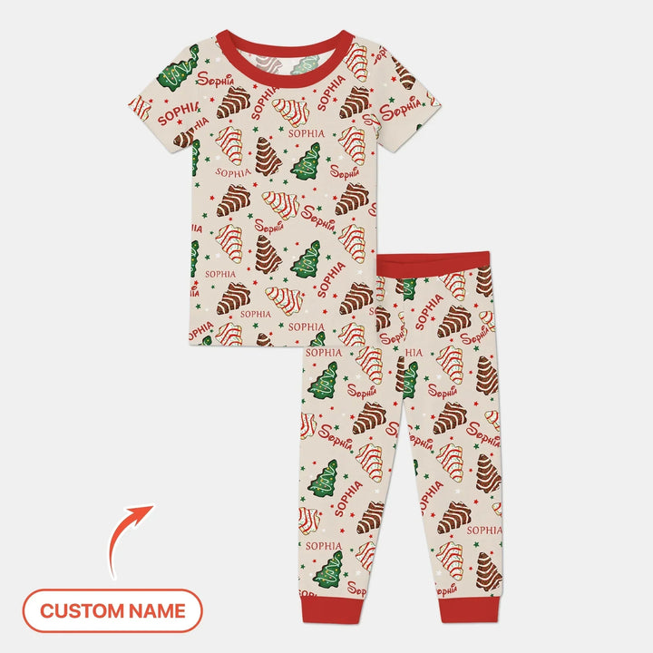 Christmas Tree Cake Custom Name Two Piece Short Sleeve Pajama Set , Christmas Tree Cake Custom Name Two Piece Short Sleeve Pajama Set - 12-18M